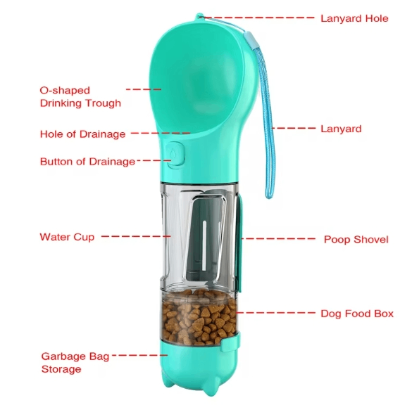 Botella de agua y dispensador de comida portátiles 3 en 1 para perros